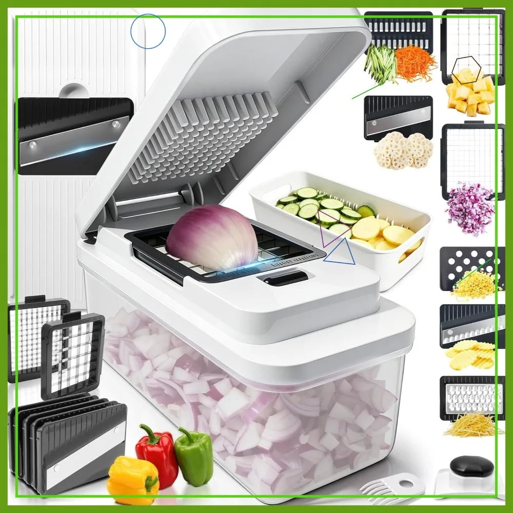 

14-in-1 Vegetable Chopper with 7 Blades, Container, Lid, Mandoline Slicer for Kitchen and Salad