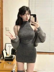 2023 Autumn Elegant Knitted Suit Woman Korean Fashion 2 Piece Set Sexy Sleeveless Slim Mini Dress + Casual Short Cardigan Chic