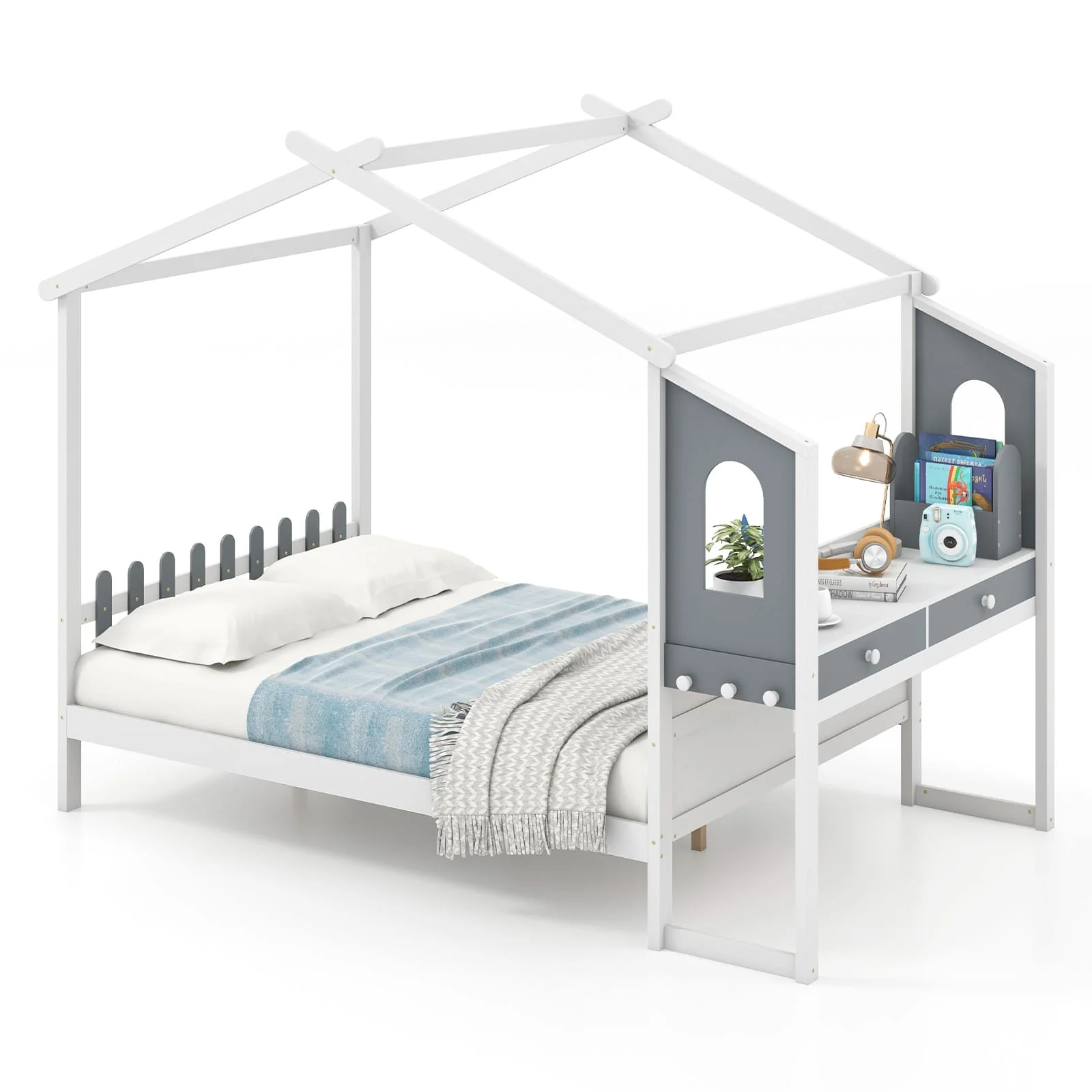 GOFLAME Double House Bed Wood Montessori Bed Frame Playhouse Bed w/Desk