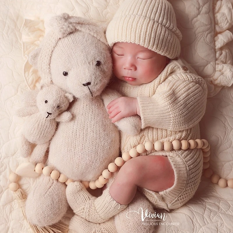 الوليد التصوير الدعائم الشمال الأبيض محبوك الزي مع قبعة دمية دب بطانية الديكورات سلة من الخيزران مجموعة لالتقاط الصور في الاستوديو #5