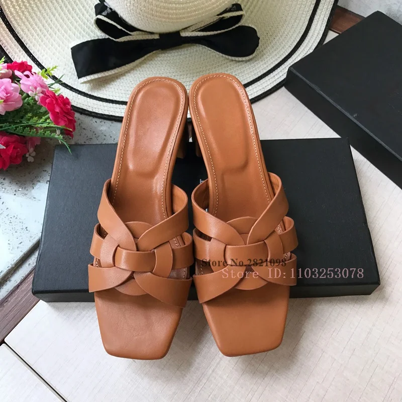 Mules trenzados de cuero genuino para mujer, zapatillas de tacón medio, tejido cruzado, suela de cuero