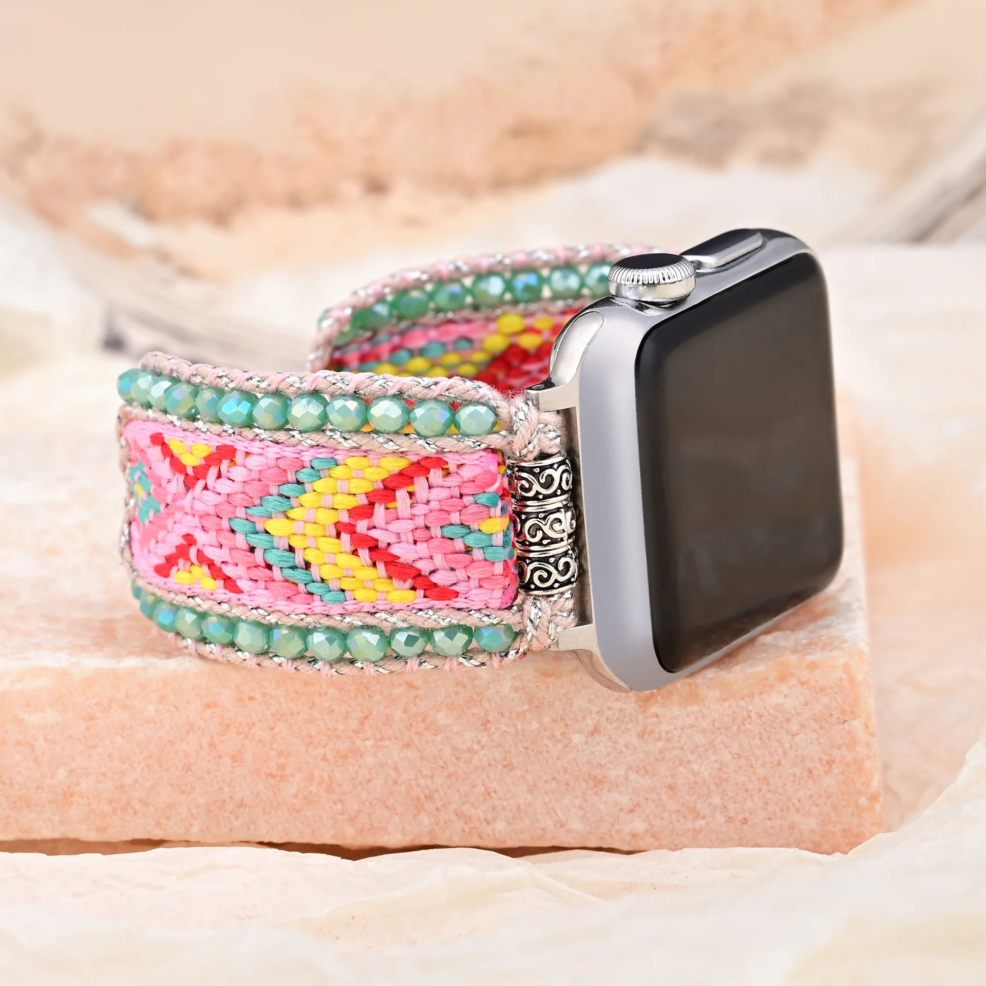 Vanenbands Suitable for Apple/Samsung/Phoebe Watch Strap Pink Nylon Ribbon Crystal Hand Woven Watch Band