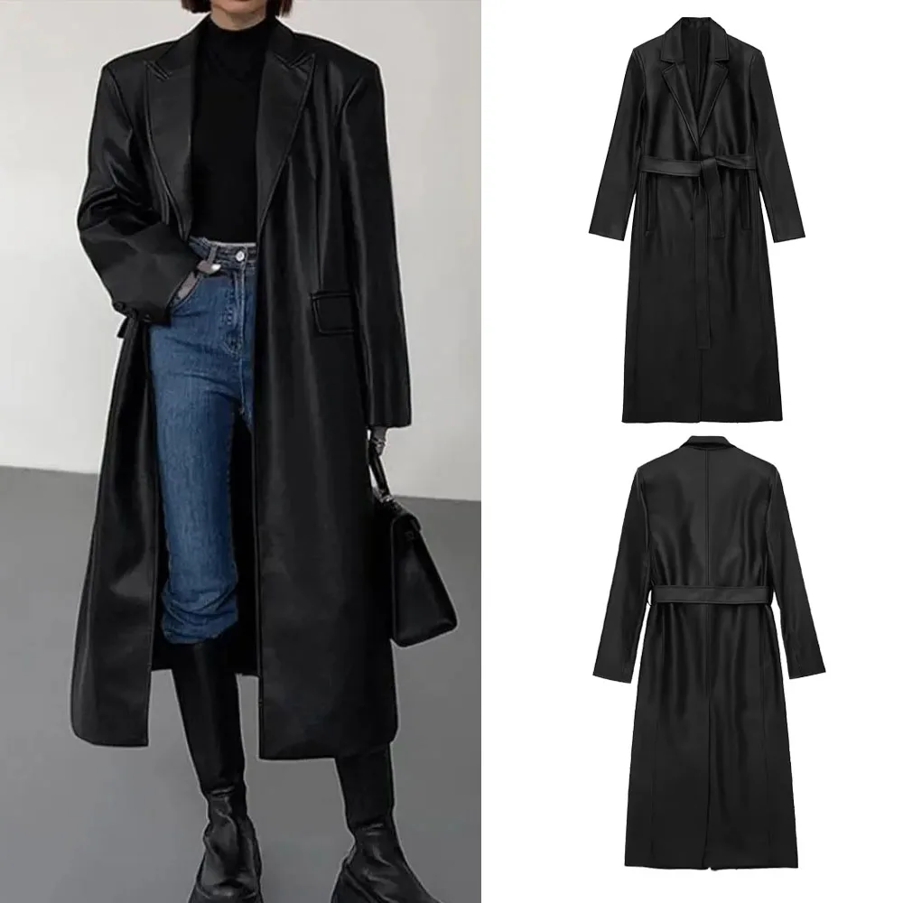 PRINTKAOIR Spring Black Oversized Long Waterproof Leather Trench Coat 2024 Women\'s Long Sleeve Loose Korean Fashion Clothing