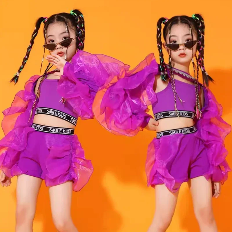 Dance Clothes Concert Stage Performance Wear 2023 New Girls Jazz Dance Costume Purple Fluffy Sleeves Suit Kids Hip Hop