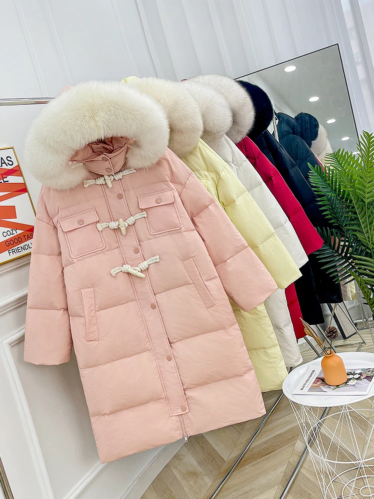 

2023 Real Fox Fur Winter White Duck Down Jacket Women Long Hooded Waterproof Puffer Coat Female Casual Thick Parkas