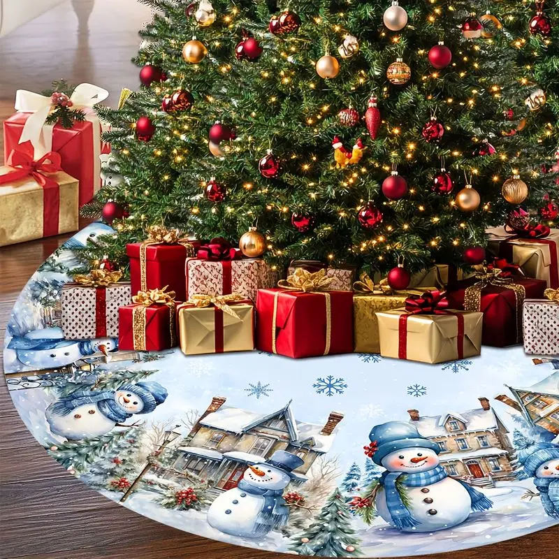 Christmas Tree Skirt Winter Snowman Cabin Print Round Xmas Tree Mat Rustic Farmhouse Christmas Indoor Home Decor Ornaments
