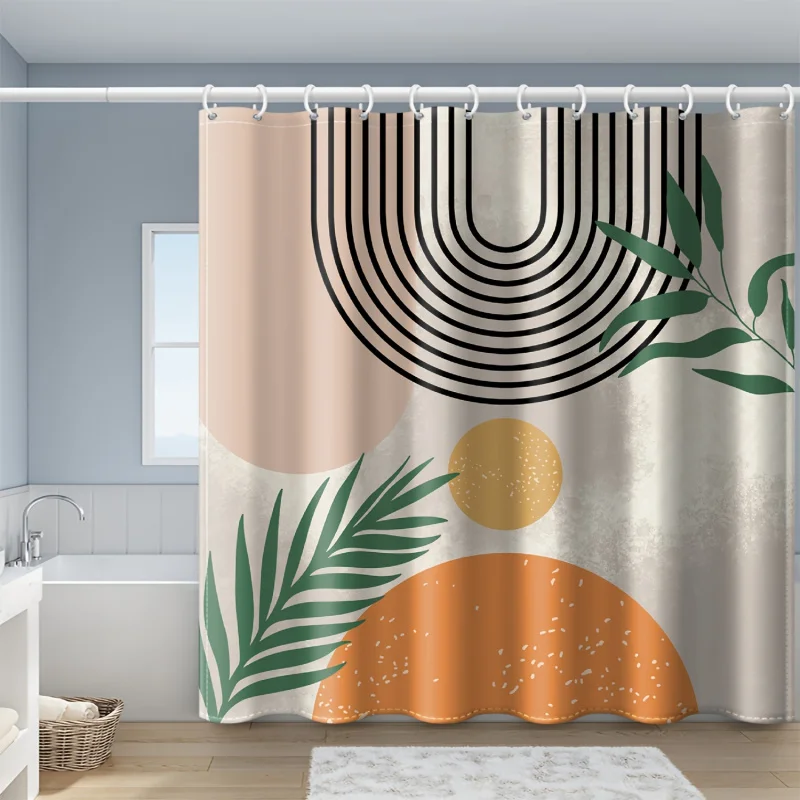 1pc Boho Line Leaf Pattern , Decorative Waterproof Shower Curtain With Hooks, Bathroom Accessories, Home Essential