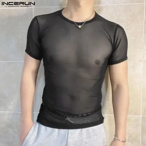 Imagen 2 del producto Camisetas de malla transparente para hombre, ropa de calle de manga corta con cuello redondo, ropa Sexy de Color sólido, Camisetas de moda S-3XL INCERUN 2024