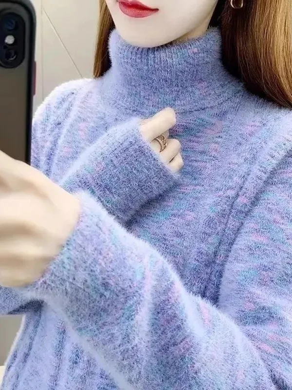 Women's High Collar Thickened Mink Velvet Sweater Loose Lazy Style Top Winter Fashion Knitted Shirt Korean Style Commute