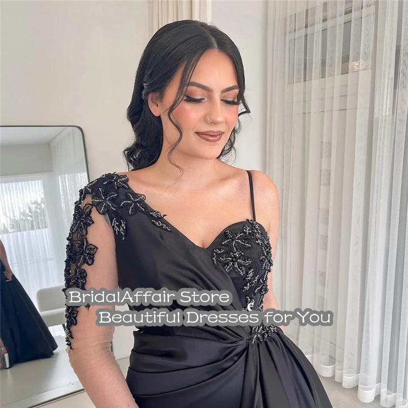 BridalAffair Black Satin Evening Dresses Plus Size Women Prom Gowns Beads Sheer Long Sleeve Arabic Formal Party Dress