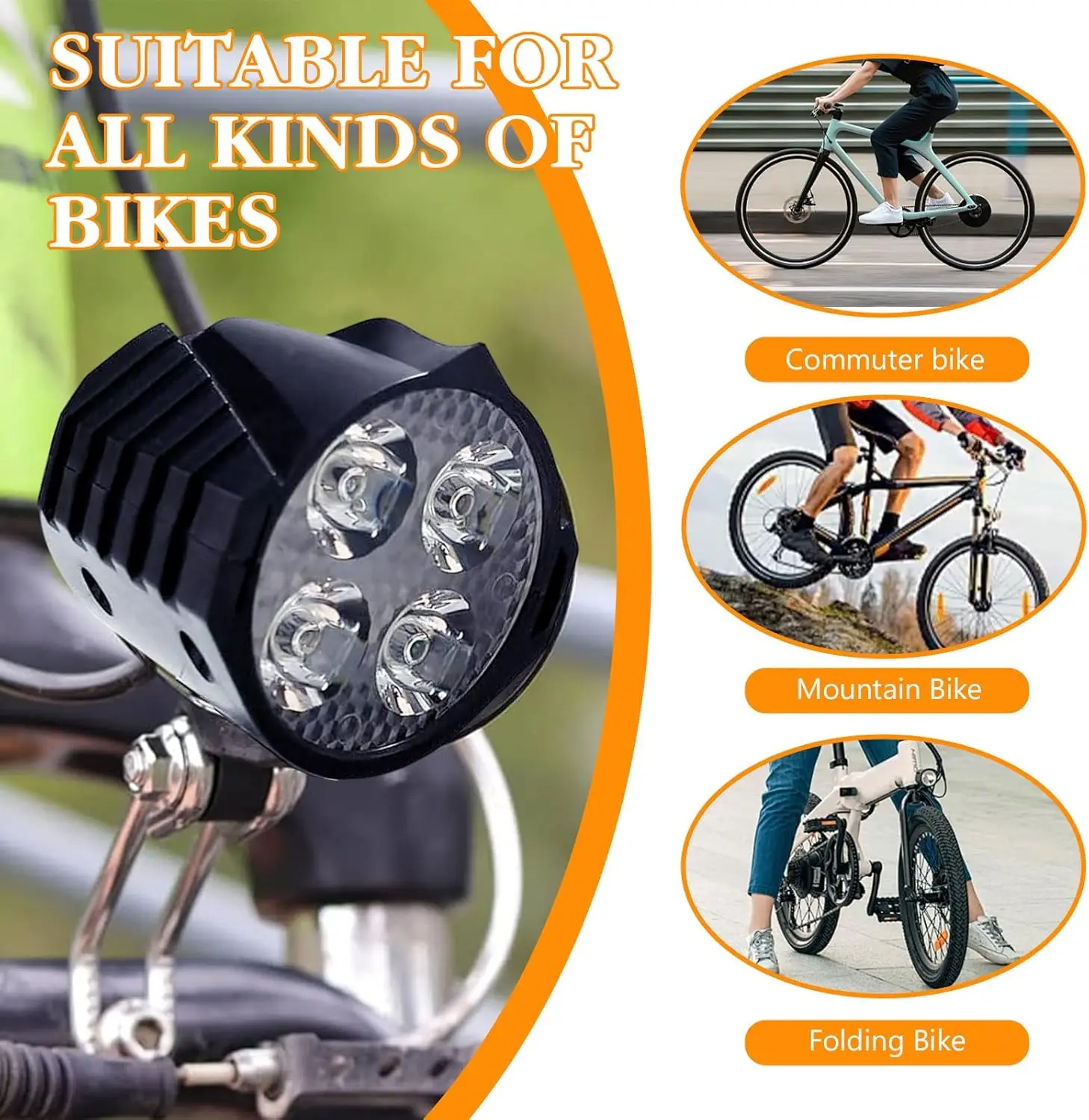 

Nulkomma Electric Bike LED Headlight 36V 48V 52V Bike Front Light with Built-in Horn 4 Lights 3 Pin Connector for Night Riding