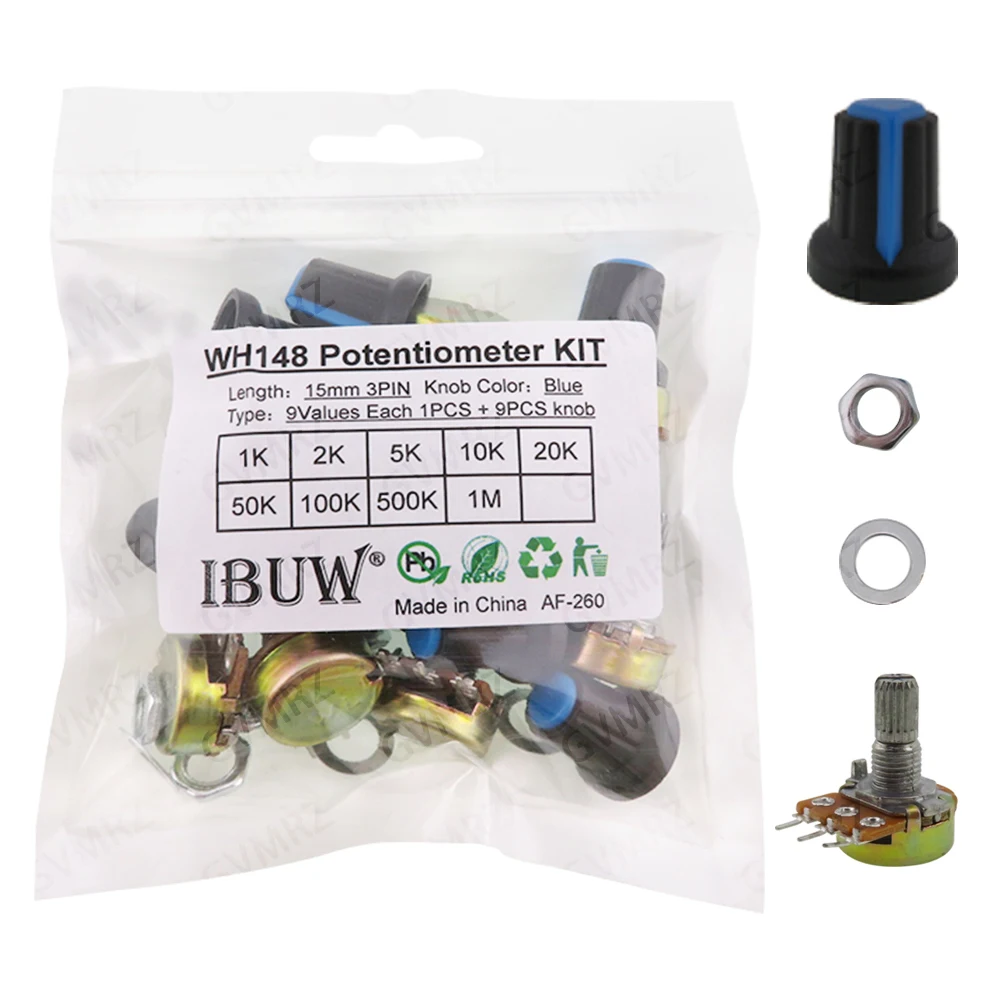 18PCS (9Values + 9Knobs) WH148 Potentiometer Kit with Blue Knobs for Audio Equipment & DIY Circuit Adjustment (1K-1MΩ 15mm 3PIN)