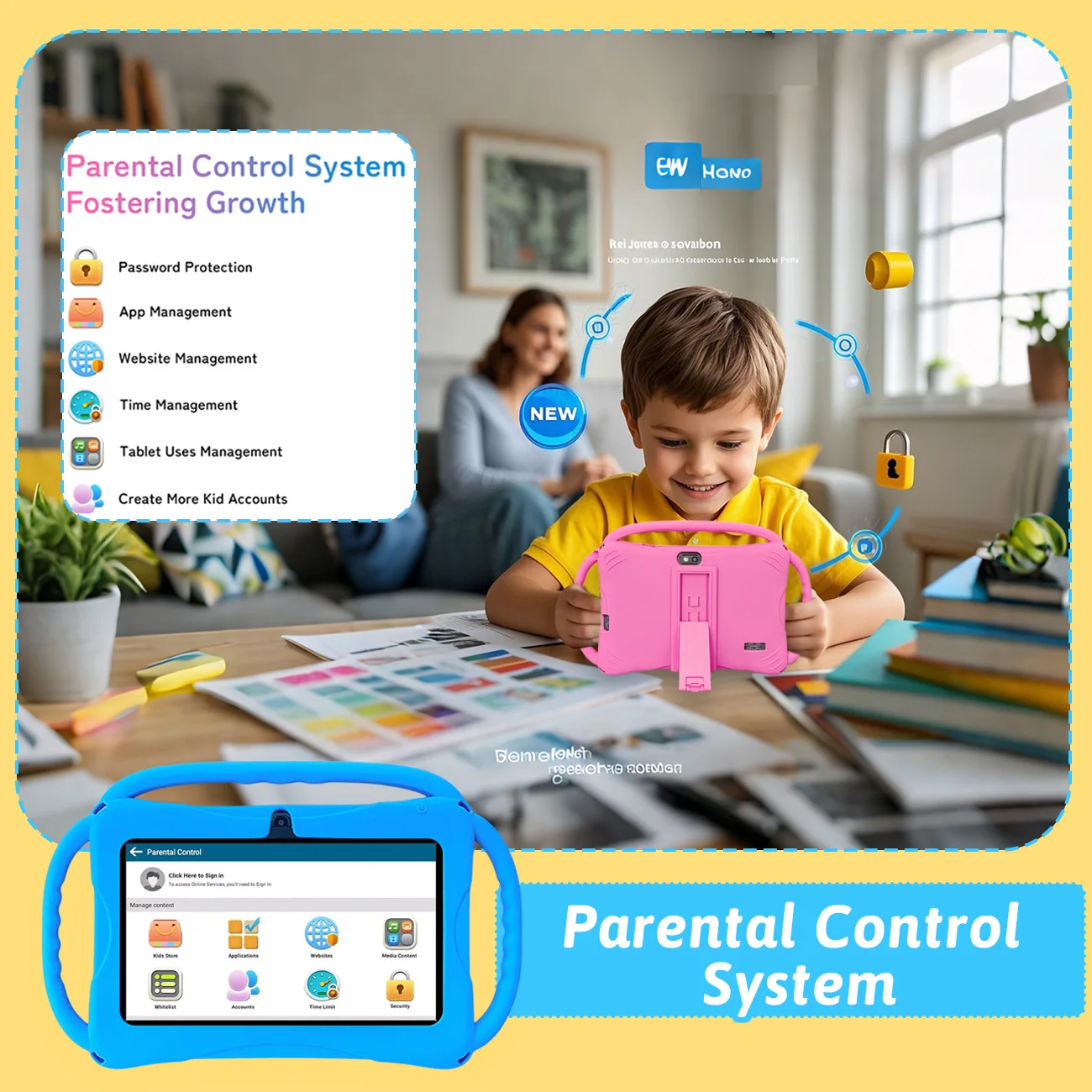 تابلت للأطفال 7 بوصة مع ذاكرة وصول عشوائي 2 جيجابايت + 32 جيجابايت ROM + SD توسيع، 3000 مللي أمبير، كاميرا مزدوجة، مع تحكم الوالدين وتعليم الأطفال، هدايا للأطفال