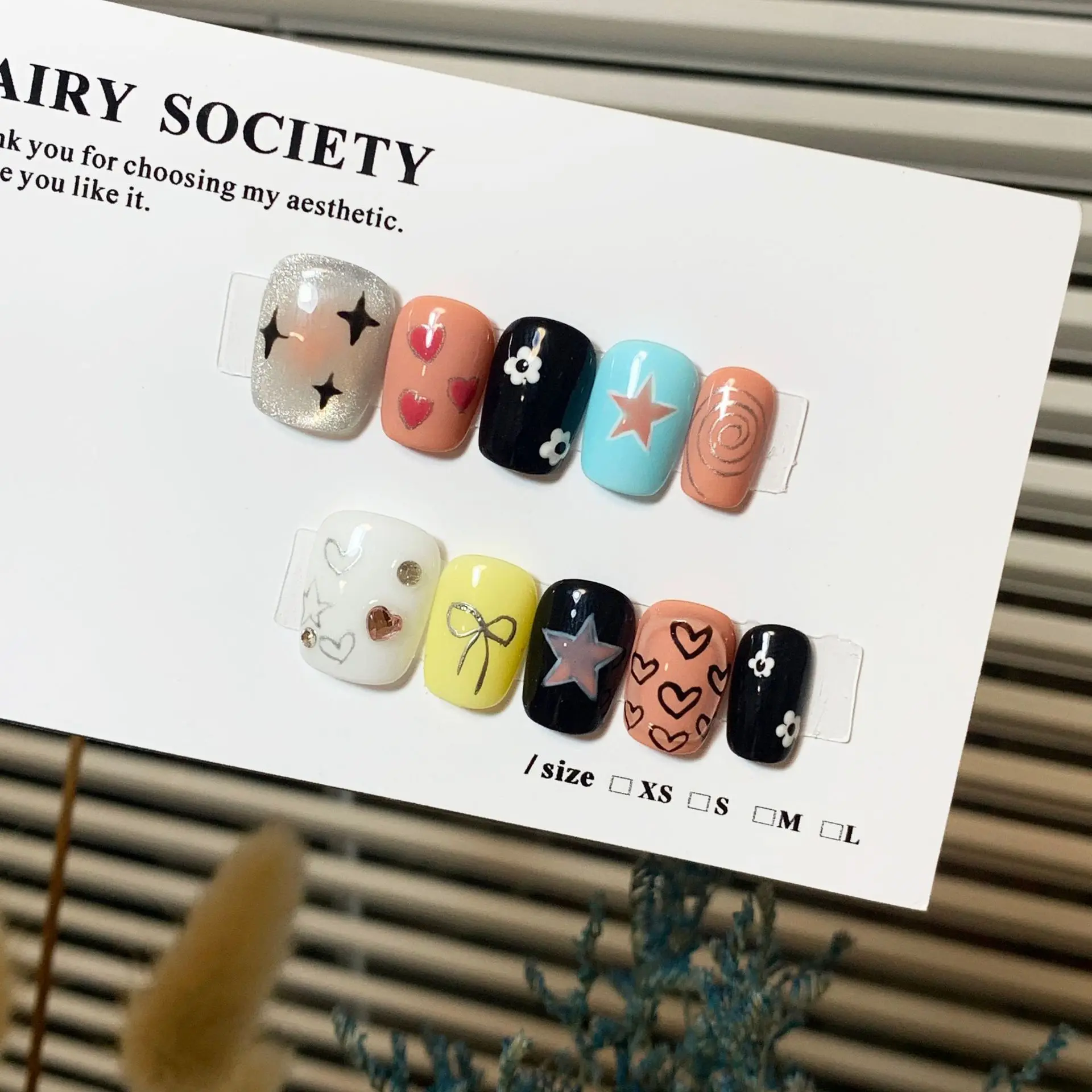 10PCS Y2k Short Square False Nails Hand-drawn Bow Star Sweet Heart Designs French Fake Nails for Girls Women Wearable Manicure