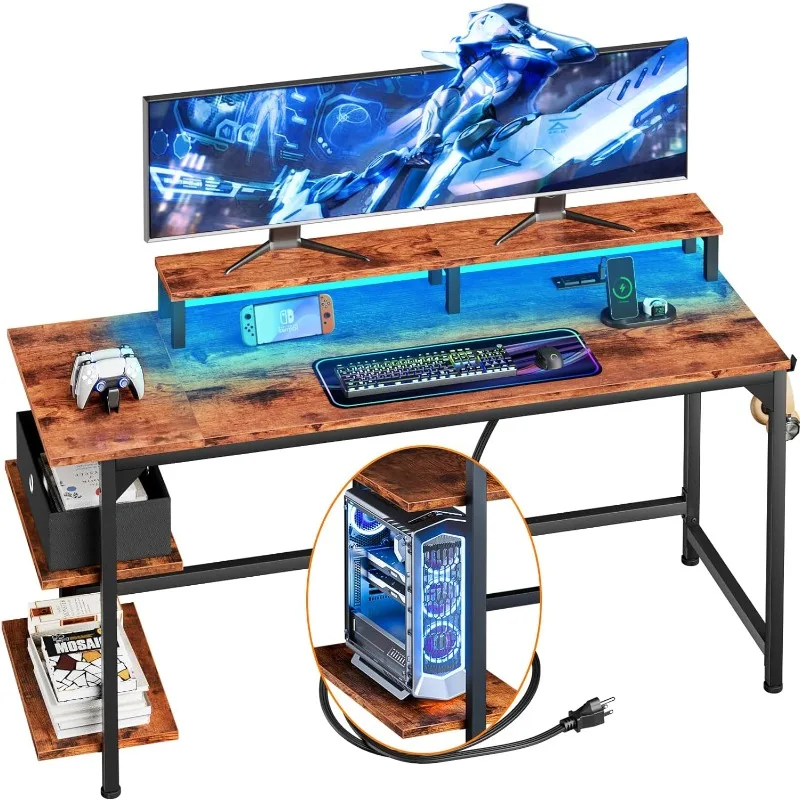 Computer Desk with Charging Station and LED Lights, 55