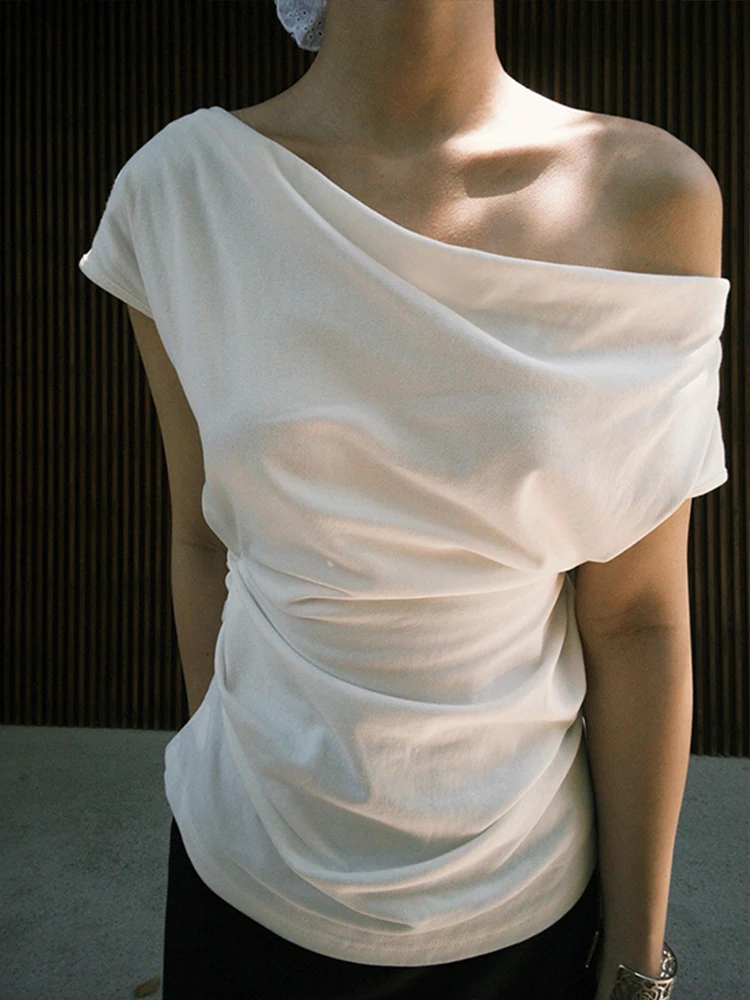 Korean Sle Asymmetric oulder ort Sve T-irt Women's Summer New Folded Waist Slimming Baring oulder Top