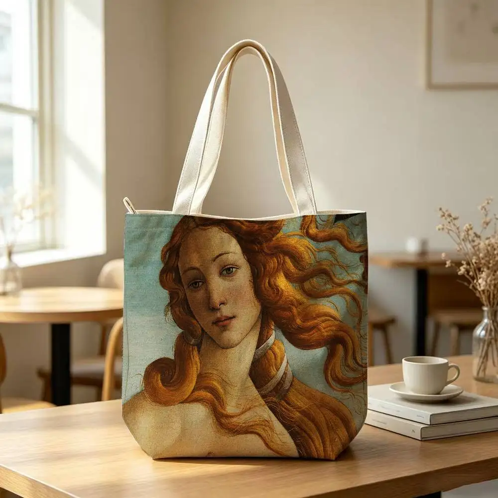 S-Sandro Botticelli Renaissance Tote Bag for Women Reusable Shopping Tote Bag Zippered Shoulder Bags Print 3