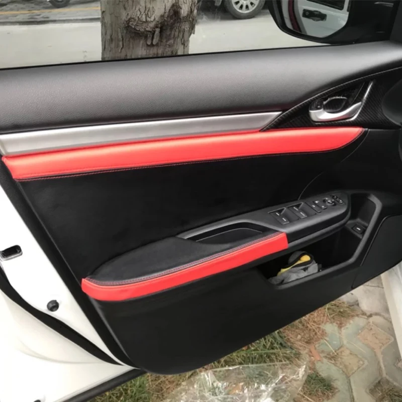 Microfiber Leather Door Armrest Protective Trim Black Red Stitching 4Pcs For Honda Civic 10th Generation 2016 2017