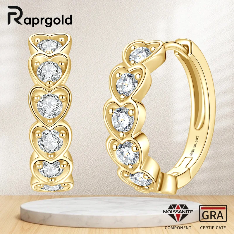 

RAPRGOLD Full Round Moissanite Love Heart Flower Hoop Earrings for Women S925 Sterling Silver Huggie Earring Fine Jewelry Gifts