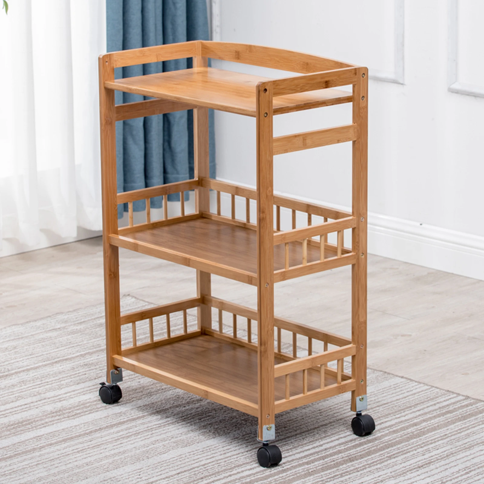 

3-Tier Bamboo Kitchen Serving Storage Trolley with Removable Trays Mobile Serving Cart with Wheels Storage Shelf Unit On Wheels