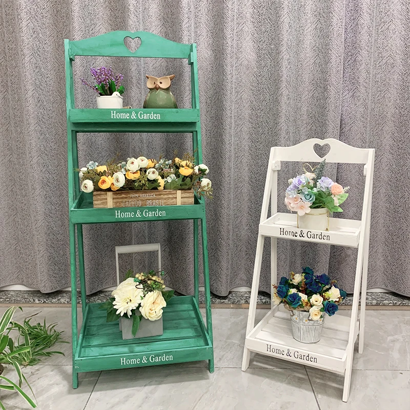 American style retro solid wood rural flower rack with several steps, floor standing, multi-layer square storage rack,