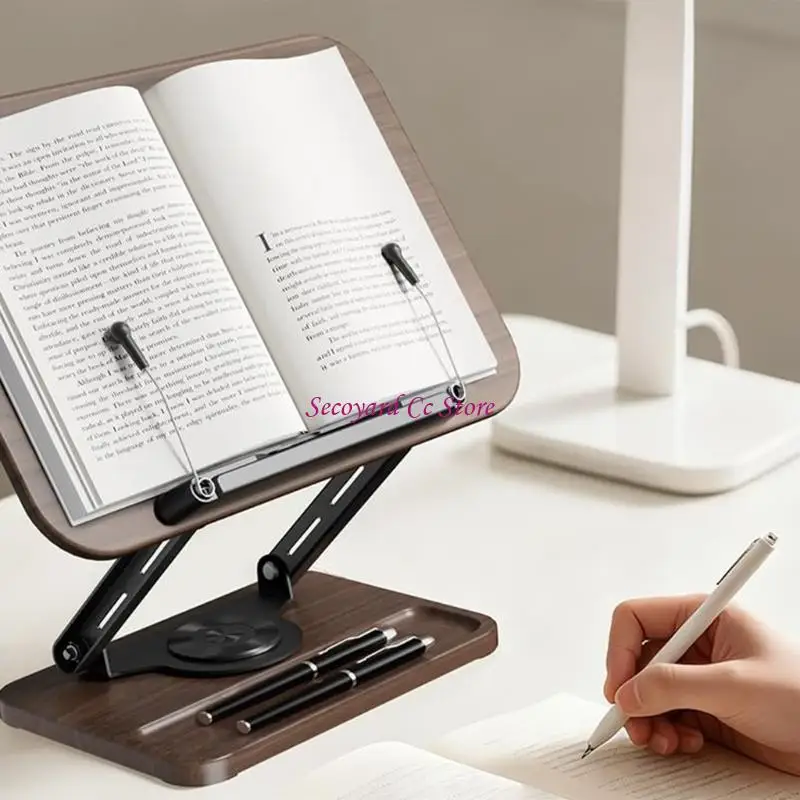 N3UC Black Walnuts Reading Holders Adjustable Ergonomic Stand 360 Rotation Expandable Clip for Cookbooks Storage Tray