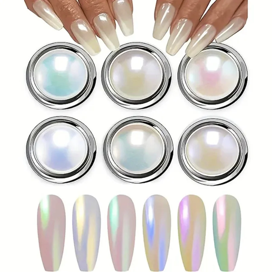 Poudre Chromée Blanche pour Nail Art, Effet Miroir, Perle D.lique, Peinture de Création DIY, 6 Couleurs, 1 Ensemble