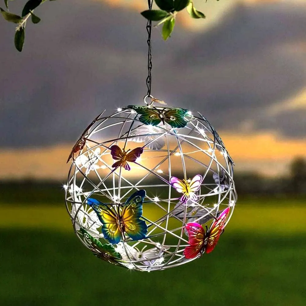 Colorful Butterfly Solar Light Garden Hanging Solar Light Round Light with Butterfly with Waterproof Weaving Lamp Garden Decor