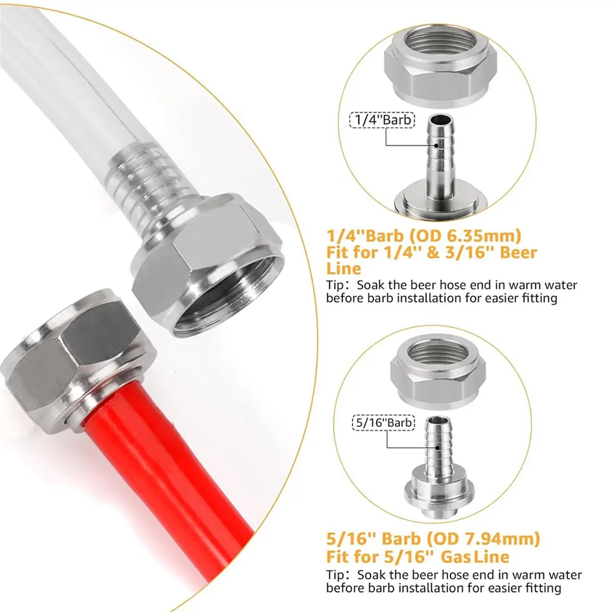ABNH 4 Pack Keg Coupler Barb Connector 1/4'' & 5/16'' Barb Connector with Clamp & Washer for Beer Shank