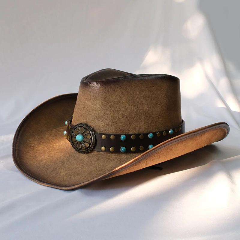 Retro Turquoise Beads  Leather Belt Women Men PU Roll Up Wide Brim Sombrero Sun Cap Beach Cowboy Cowgirl Western Hat Adjust