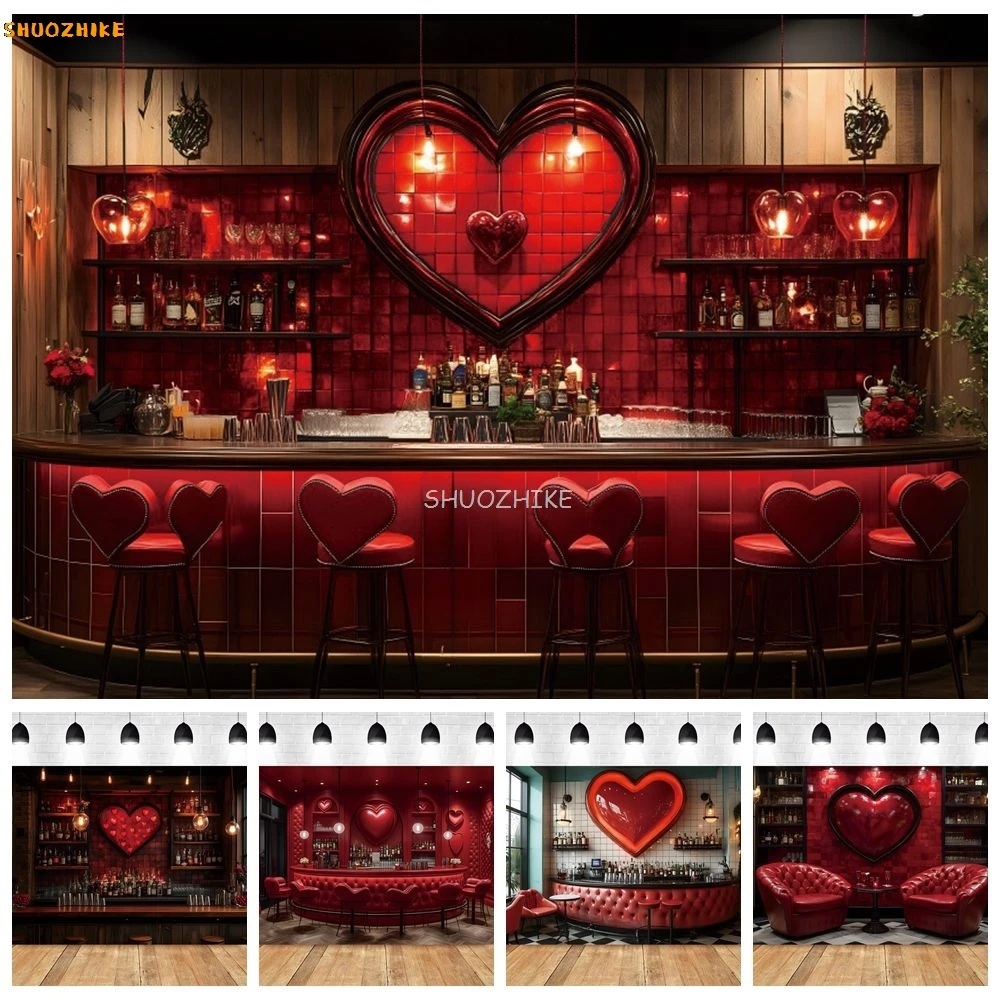 Valentine's Day Photography Backdrop Sweetheart Soda Shop Bar Wine Cabinet Counter Red Lover Heart Couple Photocall Background