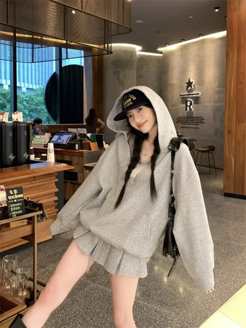 Solid V-neck Hooded Sweatshirt for Women Autumn Fashion Casual Loose Harajuku Hooded Korean Style Pullover Streetwear Y2k Tops