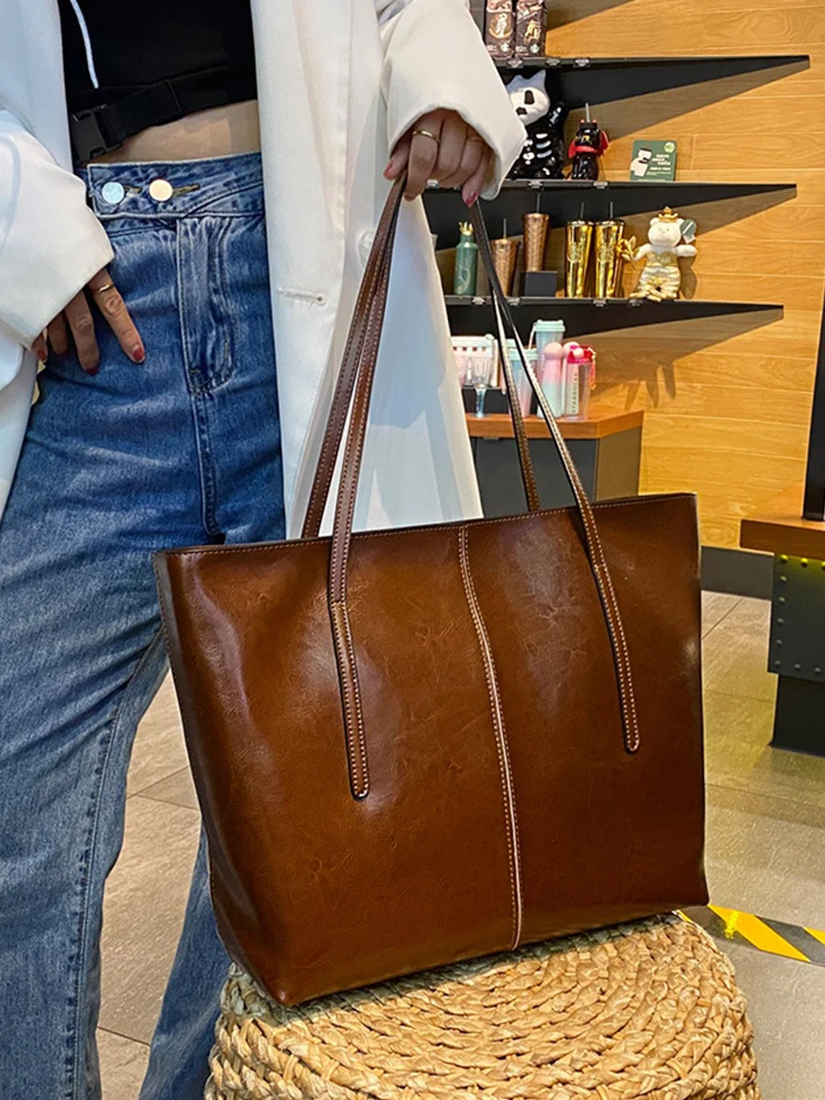 New Coffee Women Handbag 100% Genuine Leather Ladies Shoulder Purse Ladies Black Tote Bag Large Capacity Shopper Bags Brown