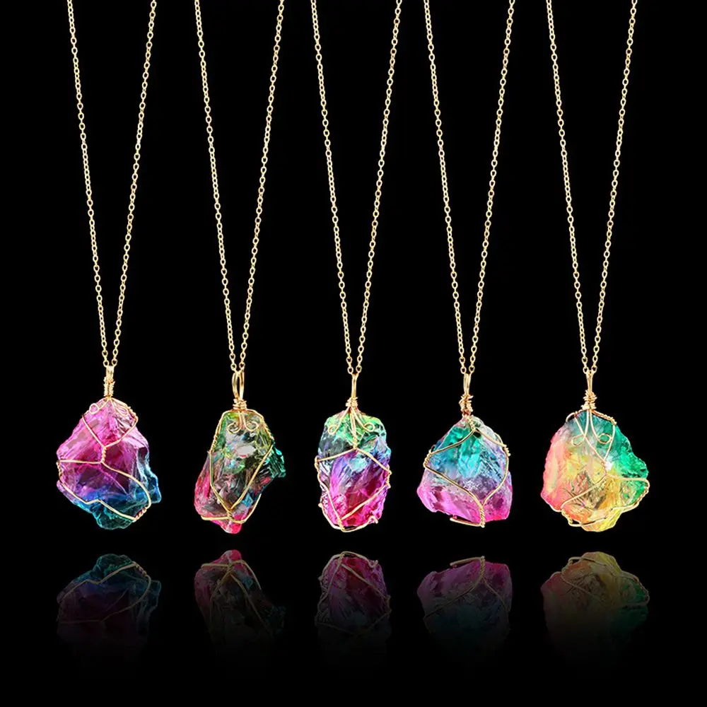 Natural Stone Irregular Rainbow Necklace Women In Crystal Pendant Necklace Wrap Wire Winding Chakra Rock Quartz Choker Jewelry