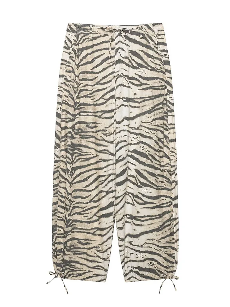 HH Women Summer Feminine Tiger Print Drawstring Wide Leg Trousers Loose Fit Tie Ankle Casual Pants For Holiday Brunch Party