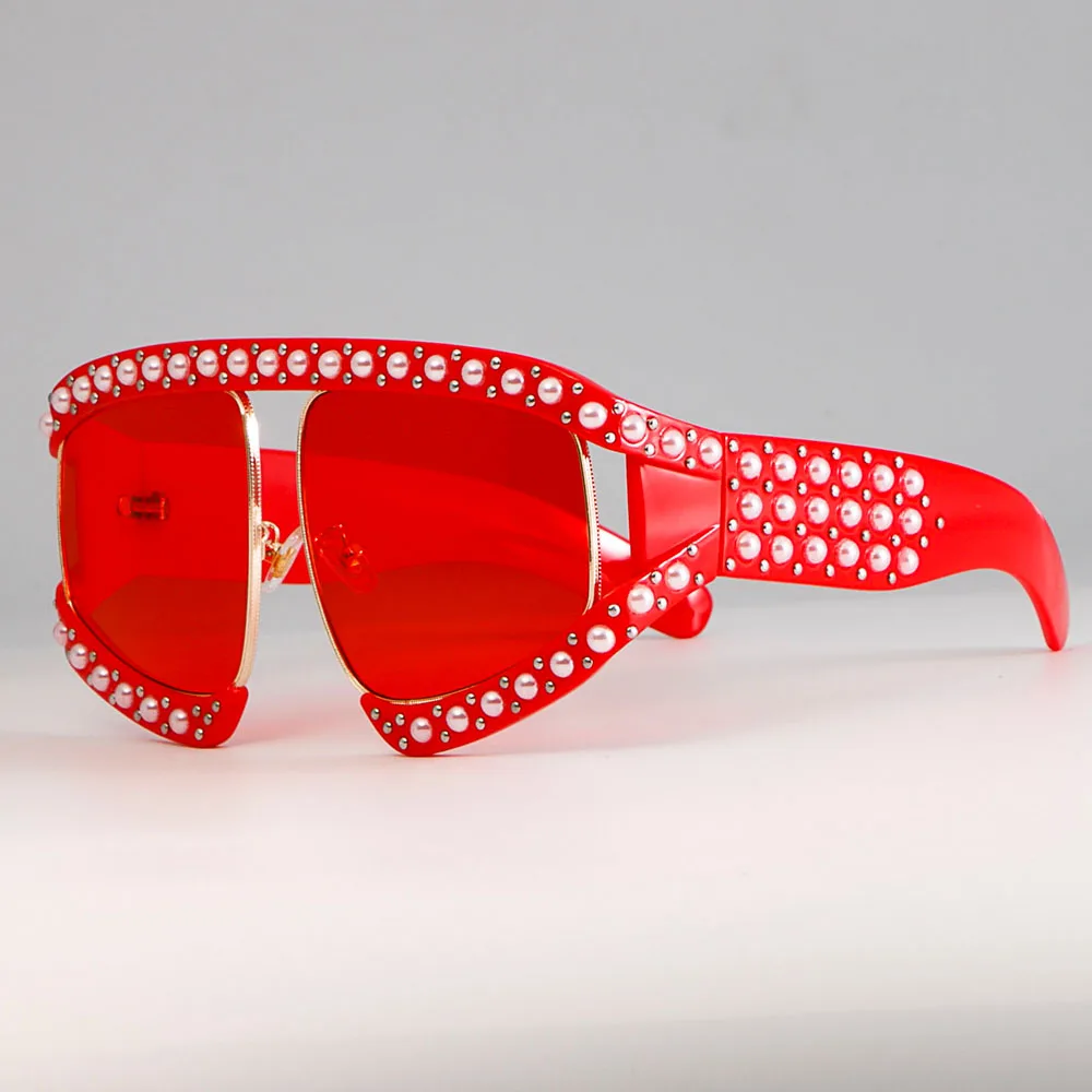 45448 Frauen brille Sonnenbrille Luxus Perlens chirme rote Spiegel brille übergroße UV400 Marke Brille weiblich – Detail 13