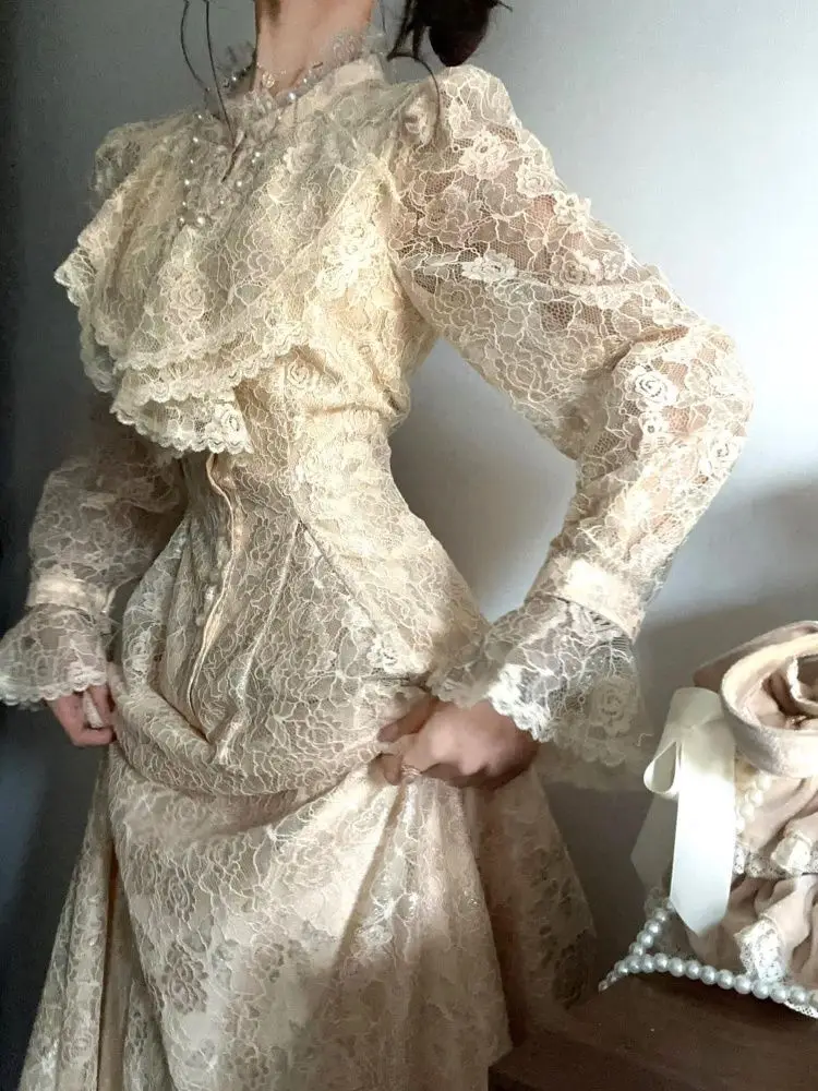 

Новый зимний элегантный модный комплект принцессы из 2 предметов, женские милые топы с длинными рукавами Y2k + длинная юбка в стиле Харадзюку, шикарные вечерние наряды в стиле ретро