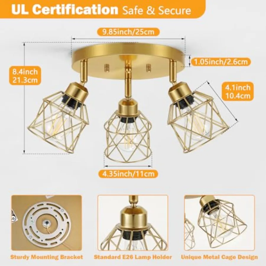 Brushed Kitchen Light Fixtures, Modern Close to Ceiling Light with Metal Cage, Multi-Directional Ceiling Lights for Farmhouse,