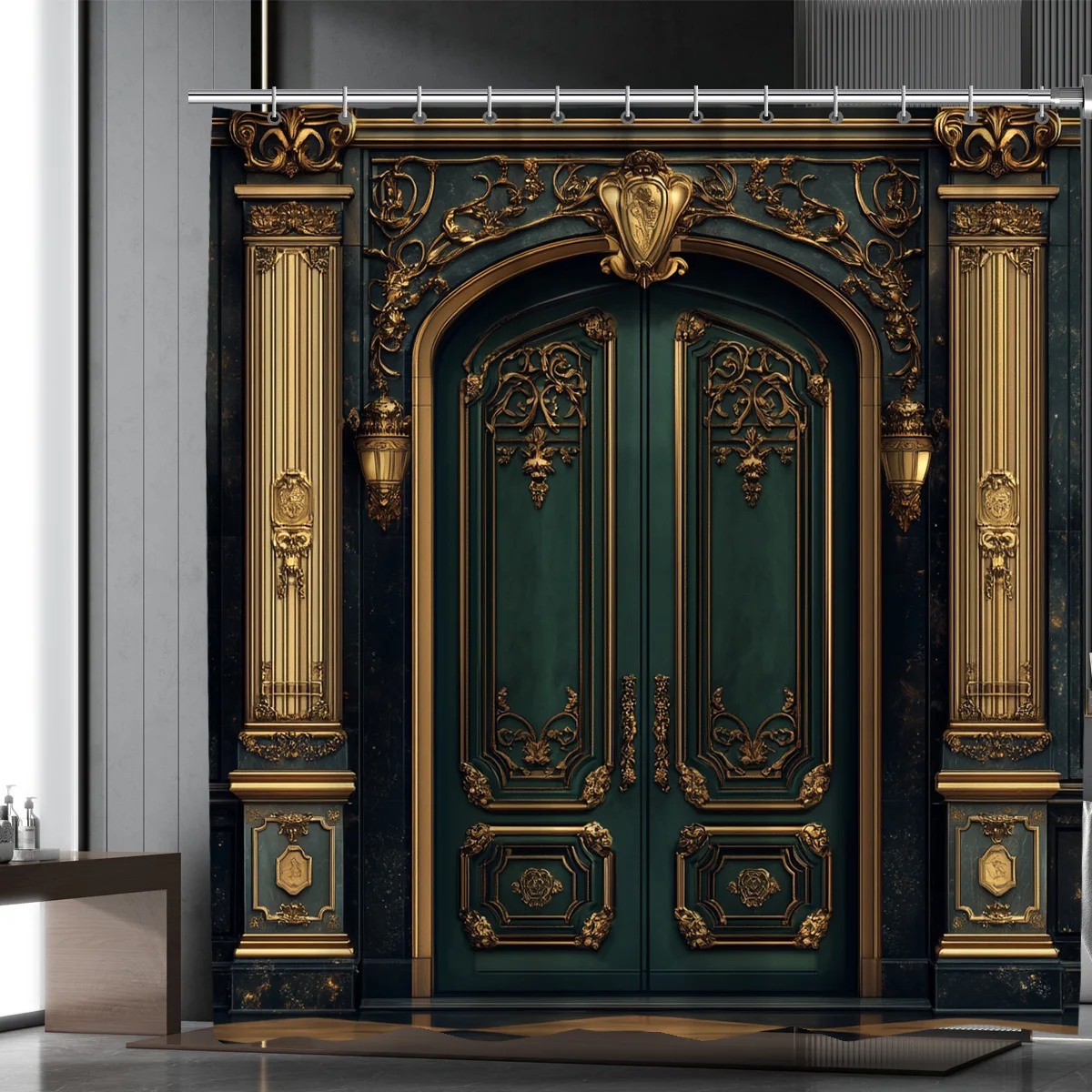 

1 Элегантная занавеска для душа с зеленым и золотым дверным принтом — полиэстер, 2D-графический дизайн со складным декоративным узором