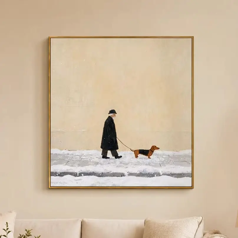 The First Snowfall – Wintry Folk Man & Dog Portrait Painting | Minimalist Square Entryway Art for Bedroom, Living Room, Office