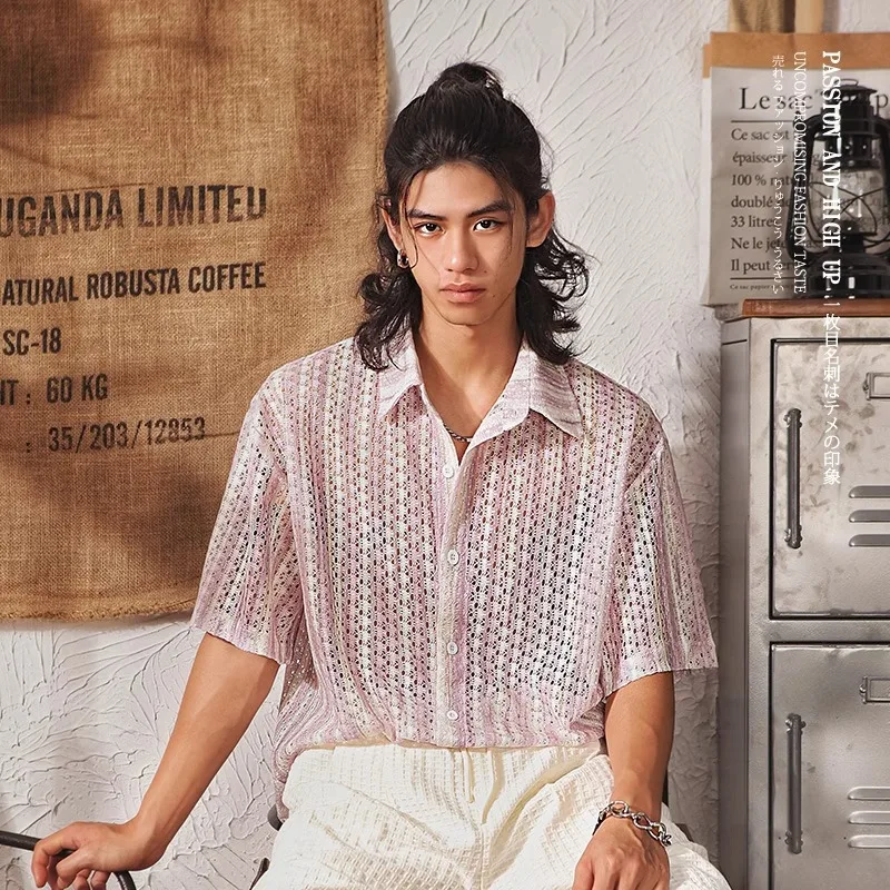 

Мужская рубашка в вертикальную полоску, сетчатая рубашка с коротким рукавом, топ в уличном стиле для ночного клуба для мужчин, изысканная летняя рубашка в молодом стиле