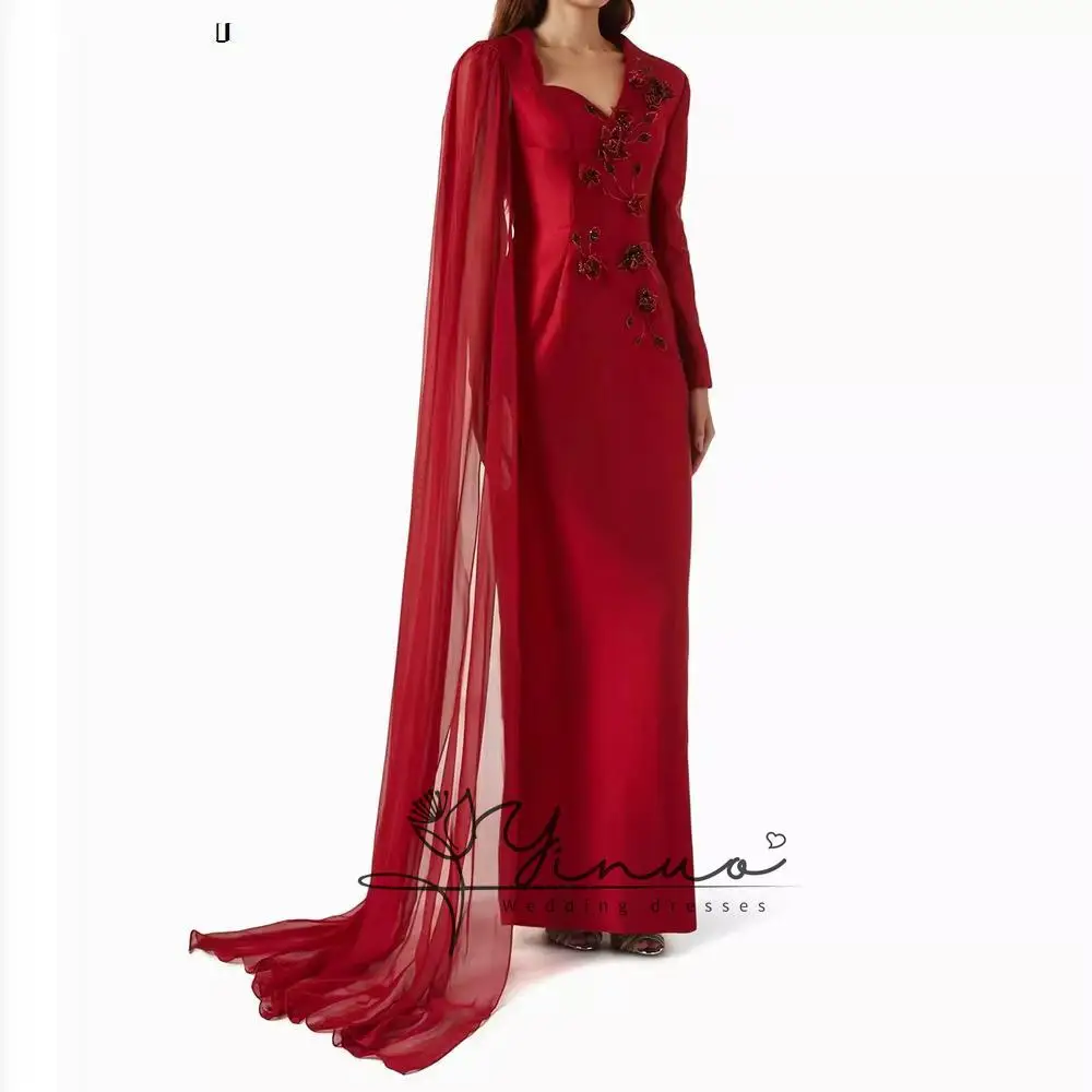 Vestidos de Noche Rectos Personalizados para Mujer, Largos hasta el Suelo, con Cuello en V, Manga Larga, Vestidos de Fiesta con Flores y Estola Drapeada