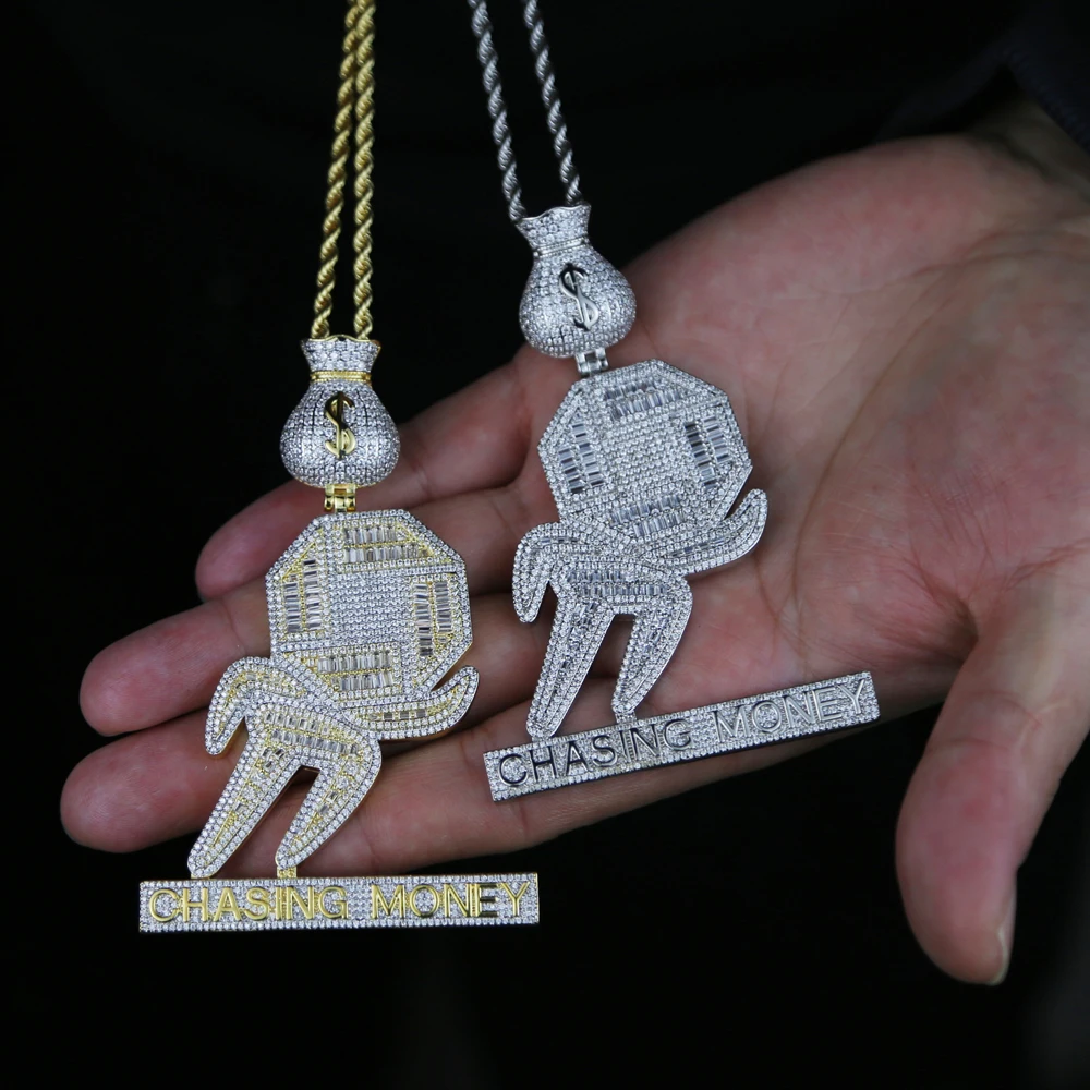 2022 Bling Iced Out Letters Chasing Money Dollar Running Shape Necklace Luxury 5A Cubic Zircon Rapper Hip Hop Men Boy Jewelry