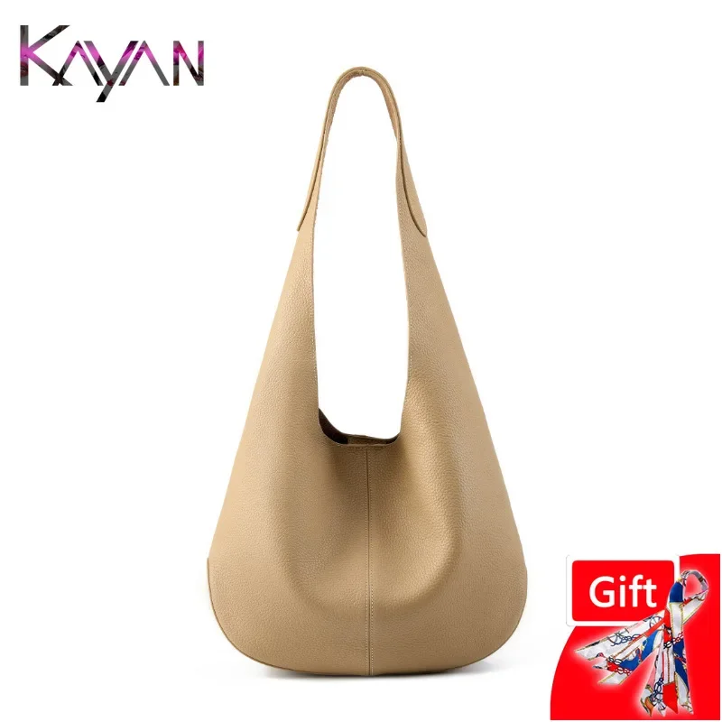 New Korean Style Large Genuine Leather Women Hobo Shoulder Bag Natural Cowhide Famale Underarm Bucket Bag Handbag Purse