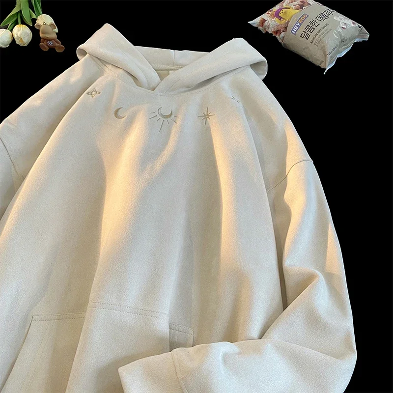 

Pop Suede Sweatshirt Men Retro Street Loose Hoodie Embroidery Pattern Gothic Style Hooded Sweatshirt Autumn Male Sweatshirts