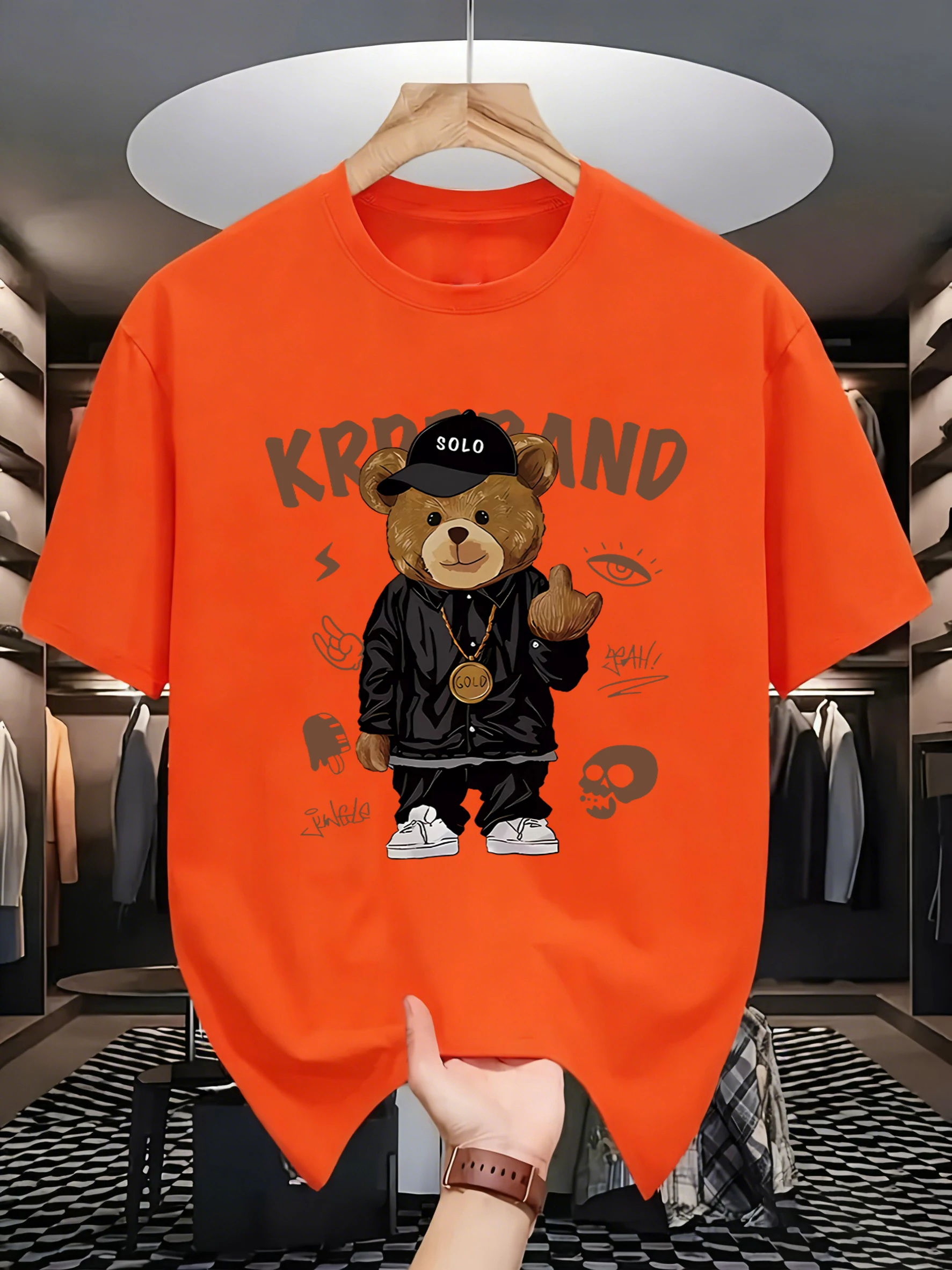 Hip-Hop-Style Cartoon-Bären-Prints Herren T-Shirt Sommer Neu Locker Sitzend Kurzarm O-Ausschnitt Baumwoll-T-Shirts Trendige Allround-Kleidung