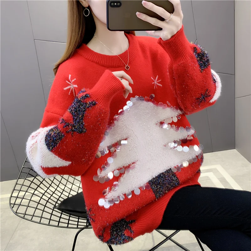 Winter Christmas Sweater Knit Coats Women\'s Sweater Pullover Couple Outfit Korean Fashion Loose Sequins Jacquard New