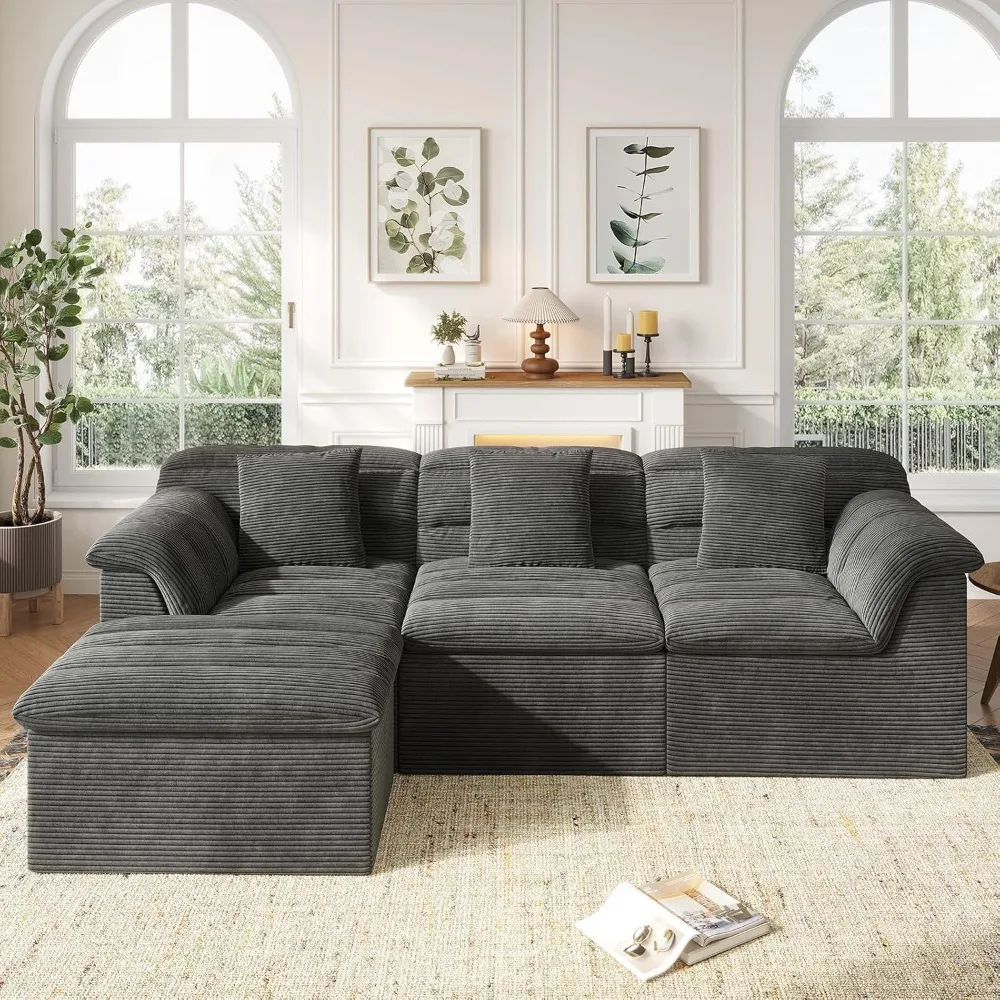 

112" Modular Cloud Sectional Couch with Ottoman,Modern Upholstered Compressed Sofa with Deep Seat,Comfy L-Shape Corduroy Couches