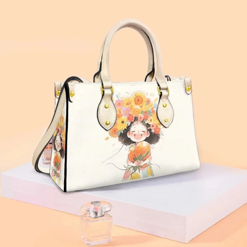 Lovely Girl Cartoon Design Sunflower Handbags for Women Fashion Shoulder Shopping Bag Practical Ladies Tote Bags Commuting Totes