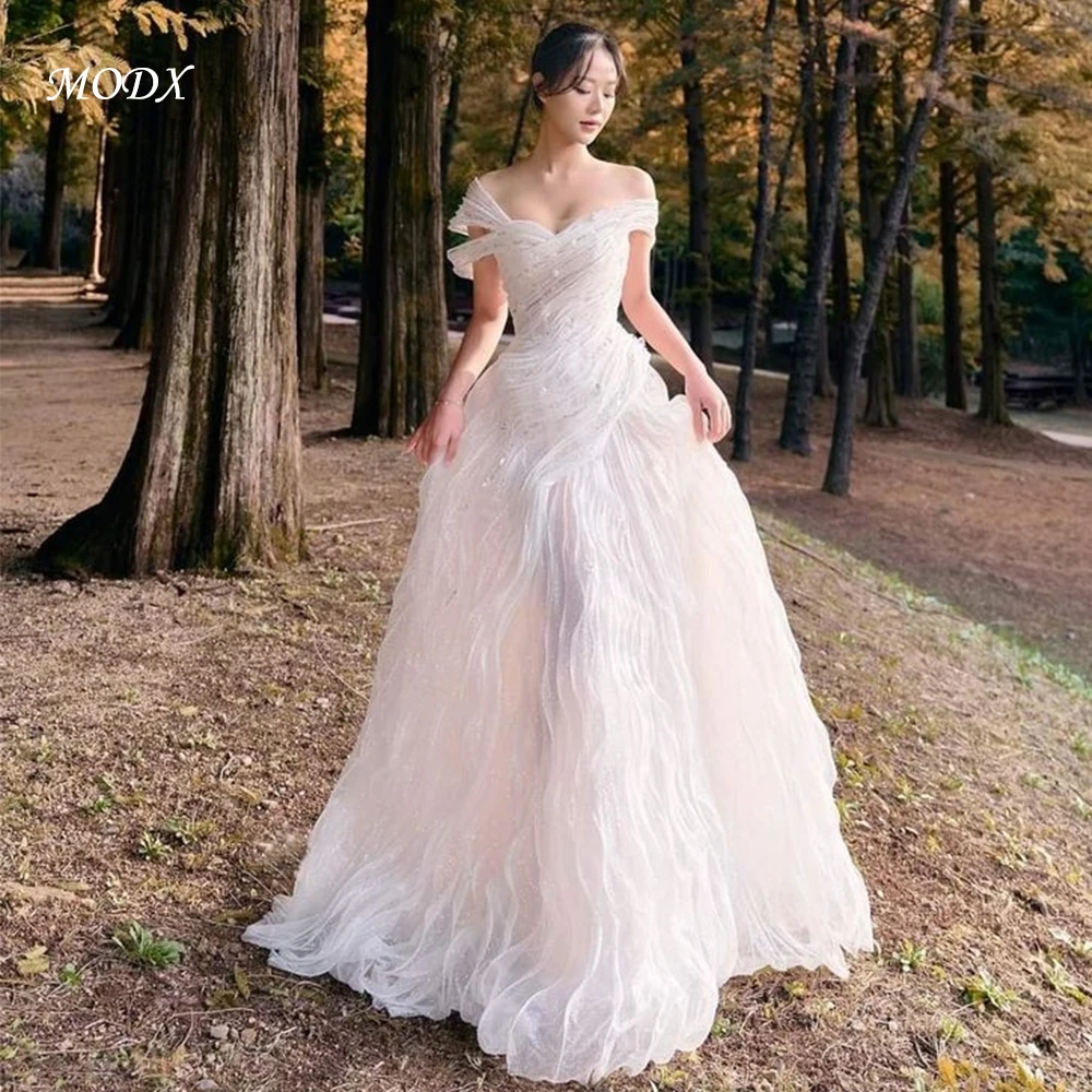 MODX Romantic Ivory Off The Shoulder Short Sleeves Glittery Tulle A Line Wedding Dress Floor Length Sparkle Bridal Gowns